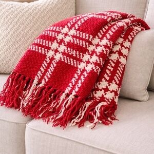 Cozy Red & Cream Plaid Holiday Throw Blanket